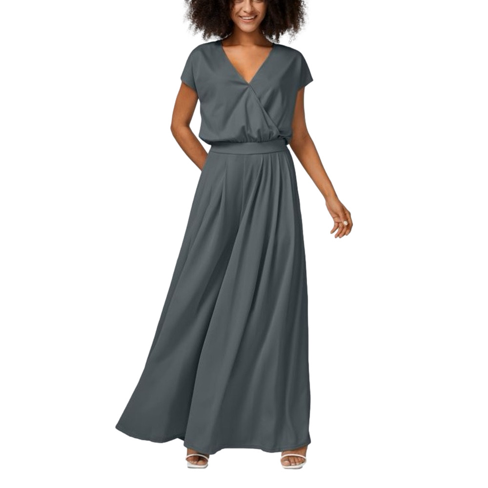 HALARA Women’s V Neck Short Sleeve Side Pocket Wide Leg Flowy Waffle Jumpsuit